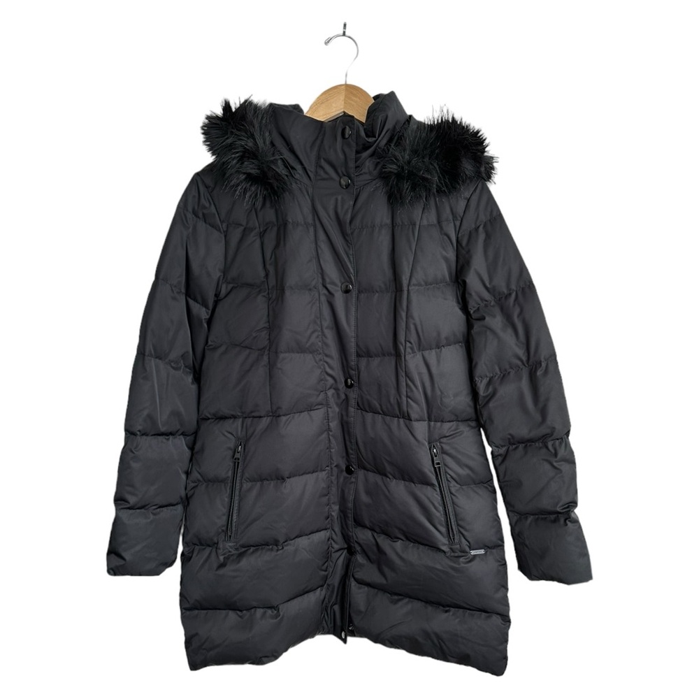 Lands End Women's Down Coat Faux Fur Hood Mid Thigh Black Size Medium - Picture 2 of 14
